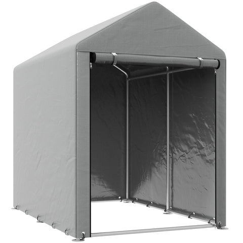Gray fabric temporary garden shed with galvanised steel frame and roll-up door for outdoor storage