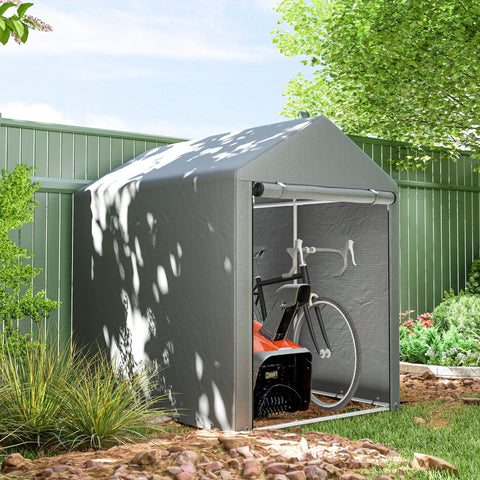 Outsunny light grey temporary garden shed made of galvanised steel with roll up door storing bike and snowblower