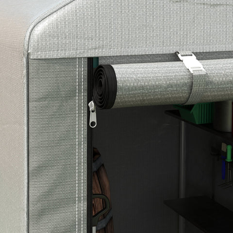 Gray woven fabric storage cabinet with zipper and white strap holding rolled mat inside outsunny light grey temporary garden shed