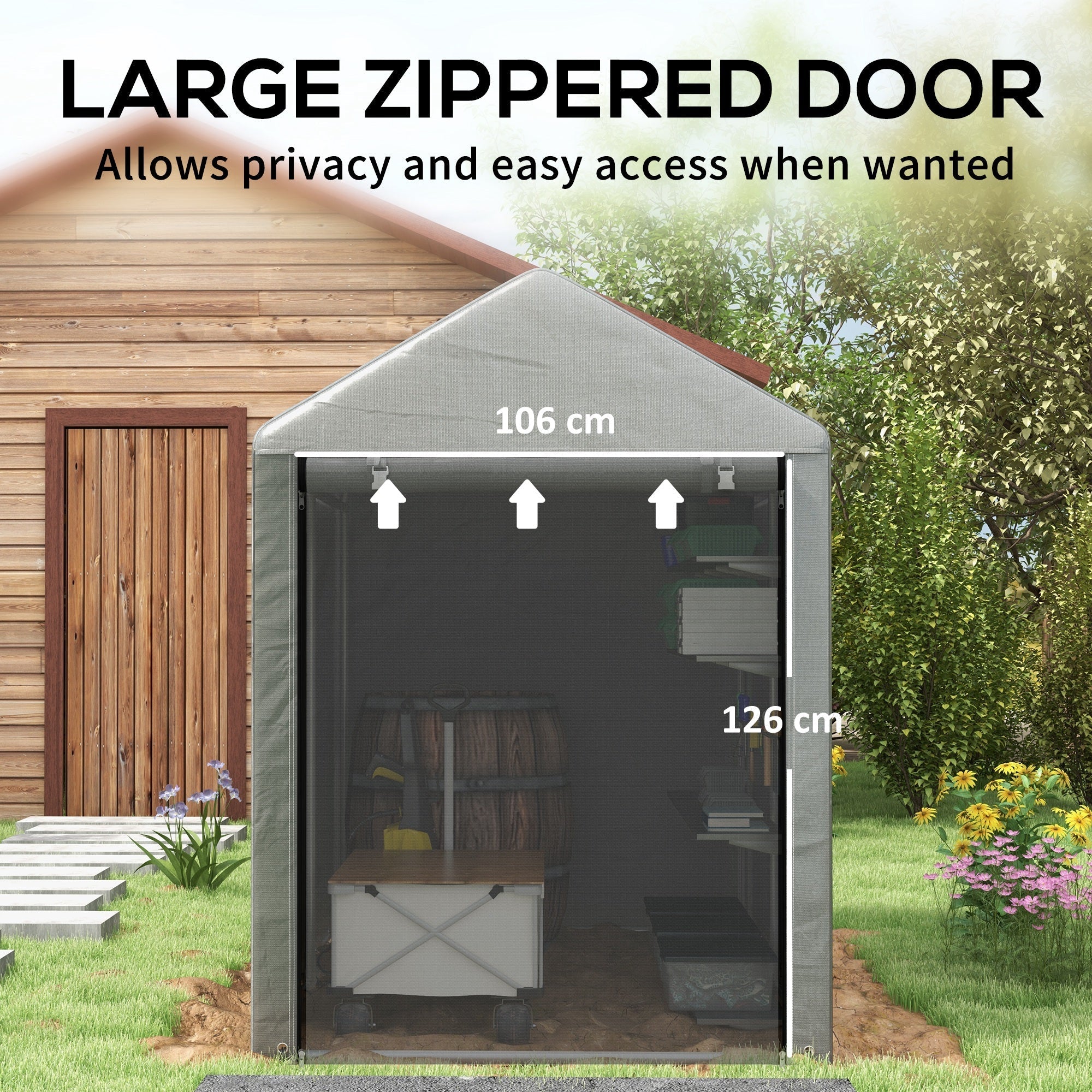 Gray fabric temporary garden shed with large zippered door and measurements made of galvanised steel frame