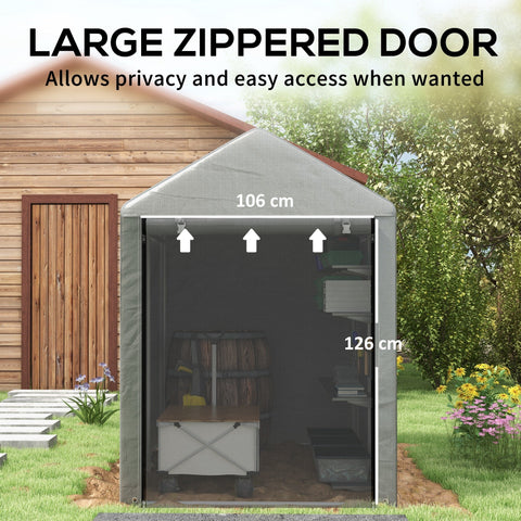 Gray fabric temporary garden shed with large zippered door and measurements made of galvanised steel frame