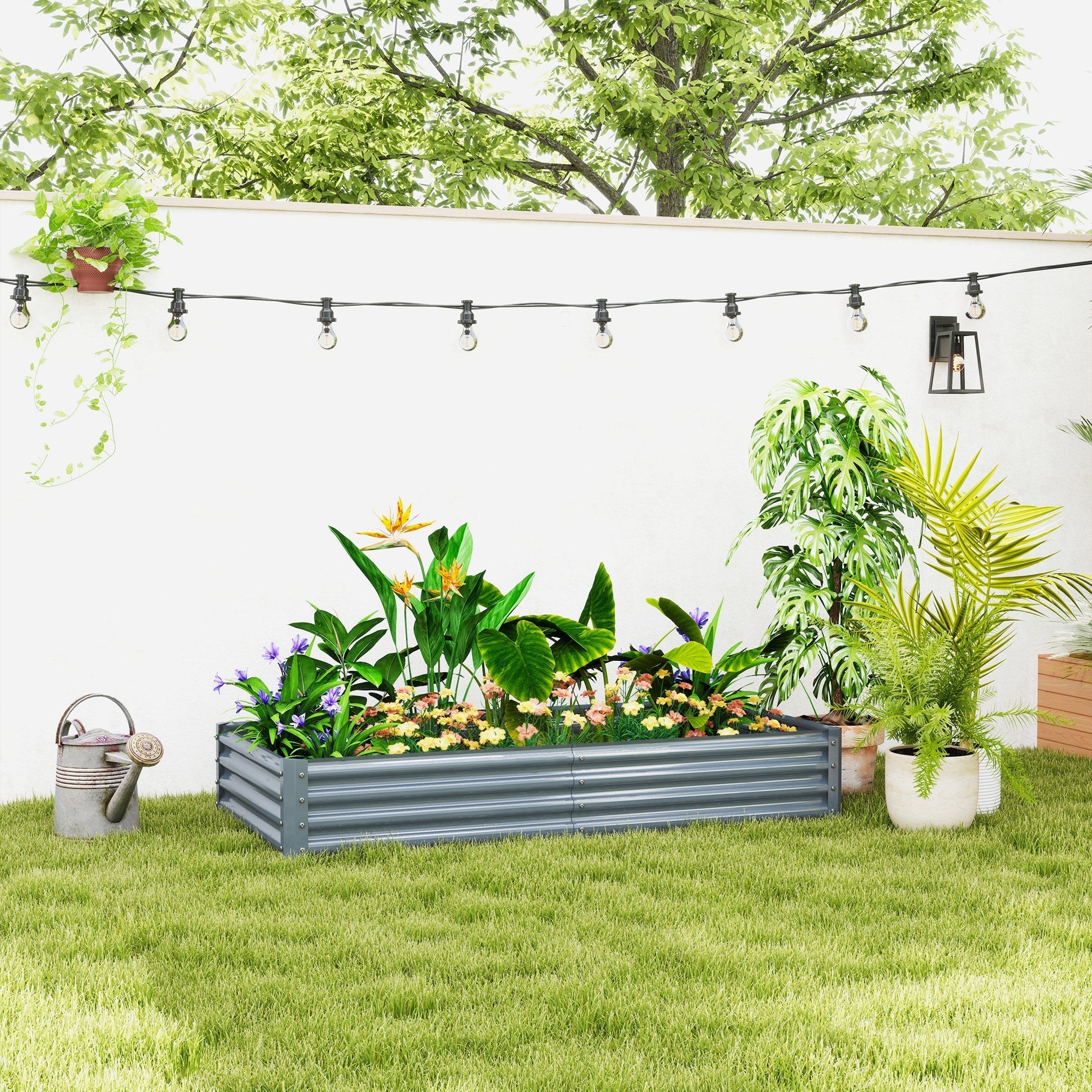 Gray corrugated galvanised steel raised garden bed with powder coating for direct soil contact by Outsunny