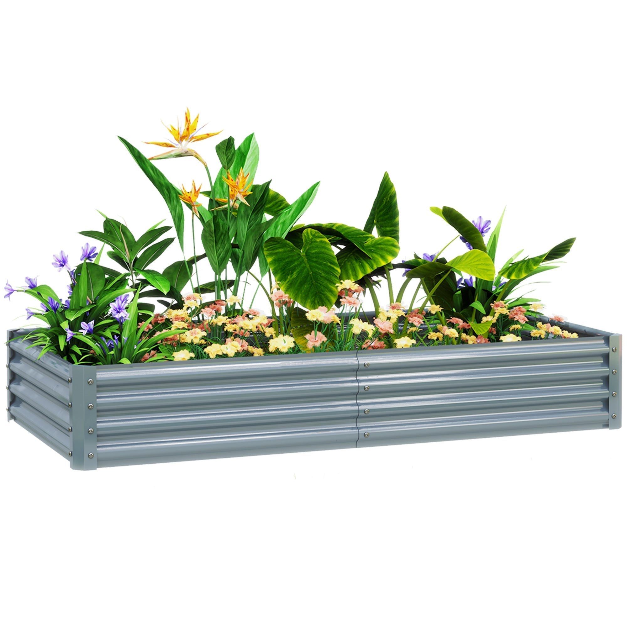 Outsunny 180 x 90cm galvanised steel open planter in silver with powder coating and direct soil contact filled with green foliage and flowers
