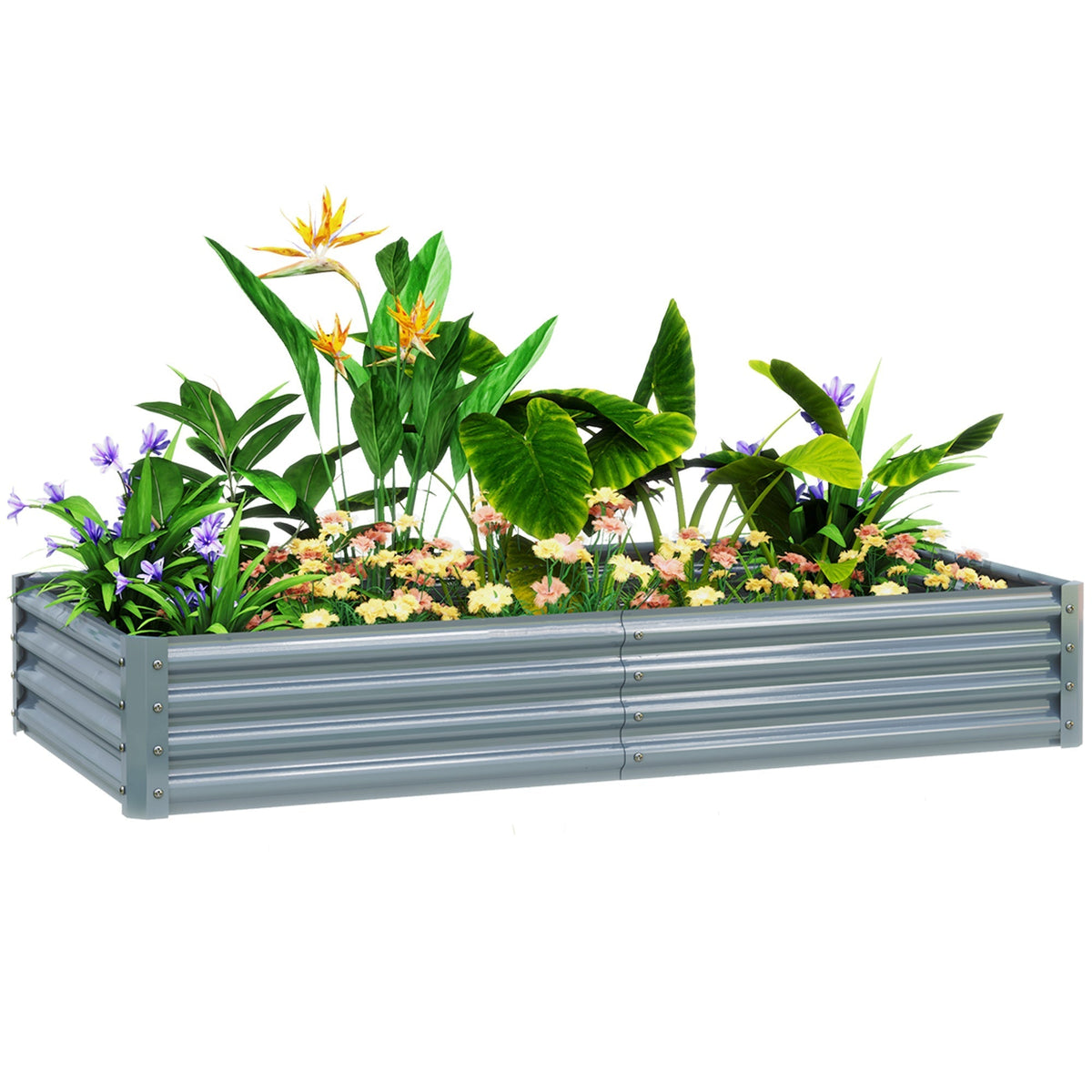 Outsunny 180 x 90cm galvanised steel open planter in silver with powder coating and direct soil contact filled with green foliage and flowers