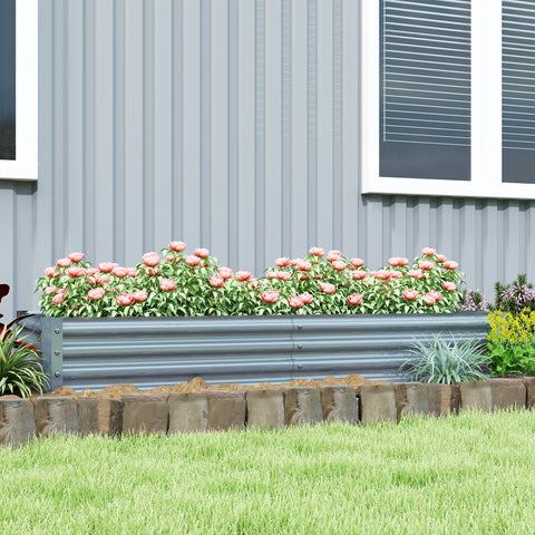 Outsunny 180 x 90cm galvanised steel raised garden bed in silver with powder coating and direct soil contact filled with pink peonies