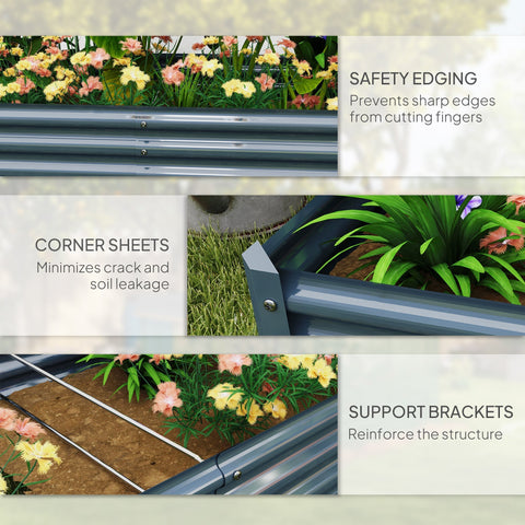 Gray outsunny galvanised steel garden planter with powder coating, safety edging, corner sheets, and support brackets