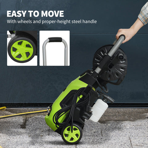 Outsunny 1800w green and black electric pressure washer with 150 bar pressure, spray gun, power cord, and silver handle