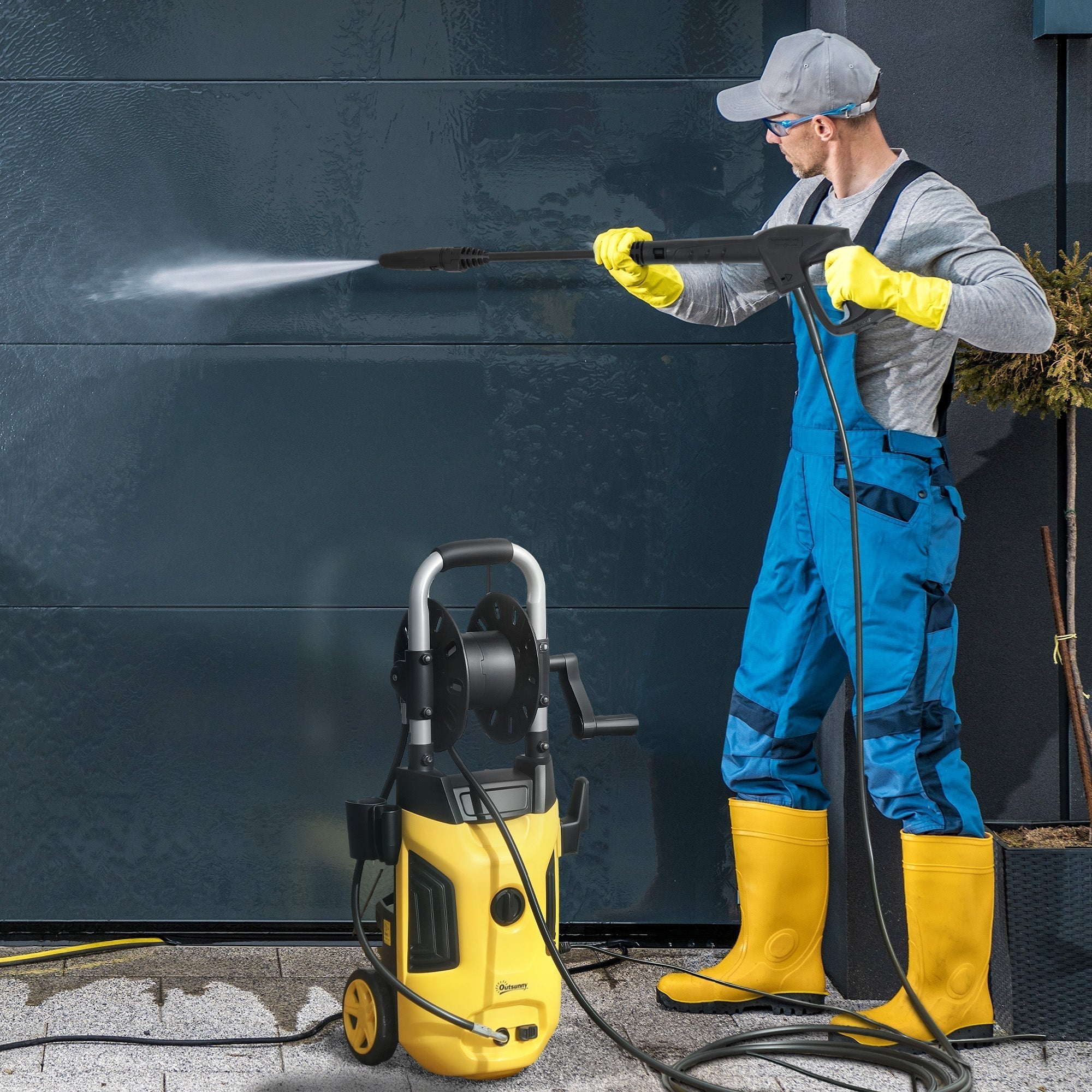 Yellow and black outsunny portable power washer with 150 bar pressure, steel handle, spray gun, and 6m hose reel