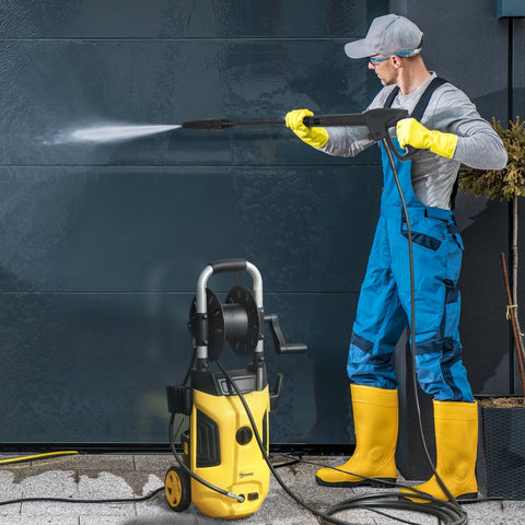 Yellow and black outsunny portable power washer with 150 bar pressure, steel handle, spray gun, and 6m hose reel