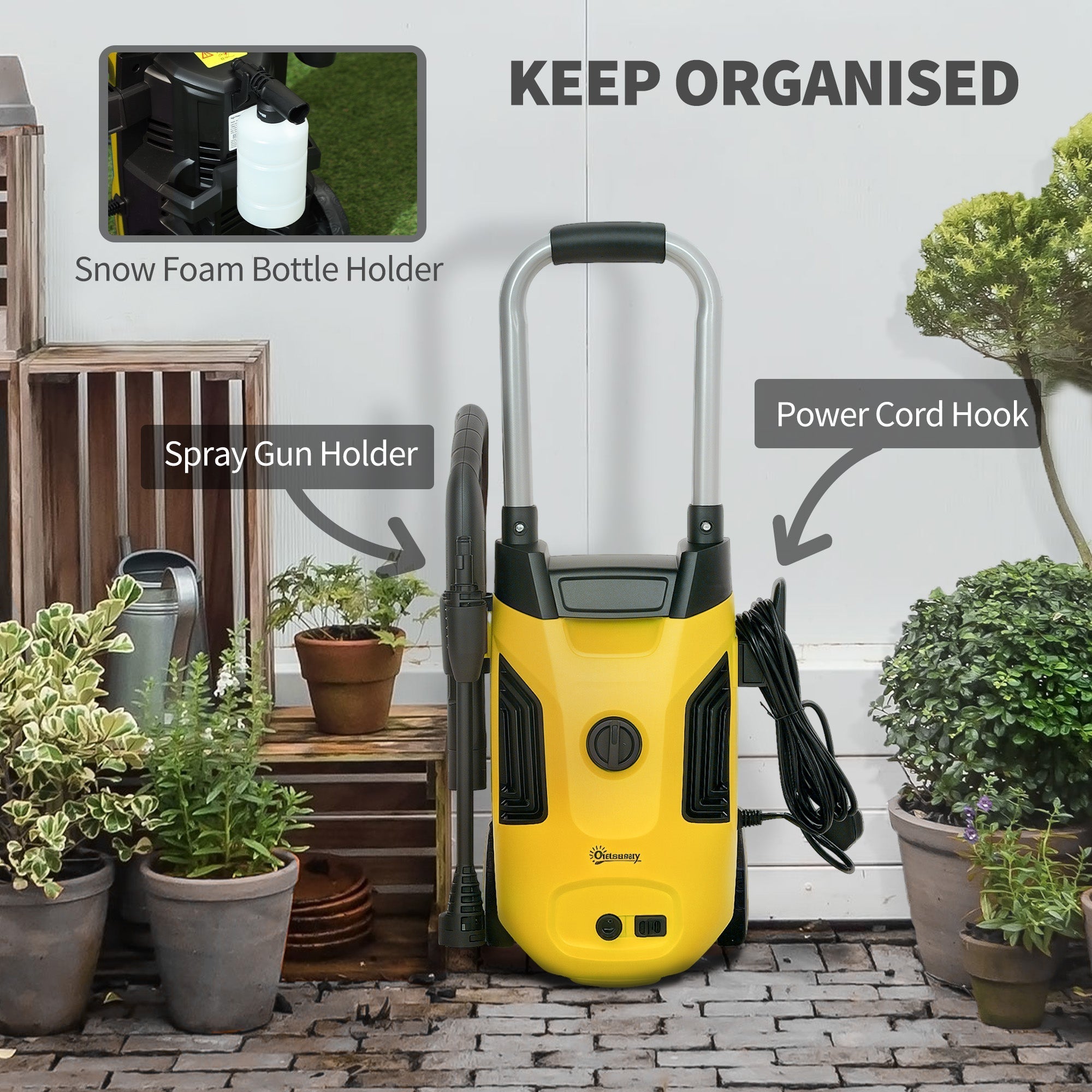 Outsunny yellow and black 1800w power washer with 150 bar pressure spray gun holder and power cord hook
