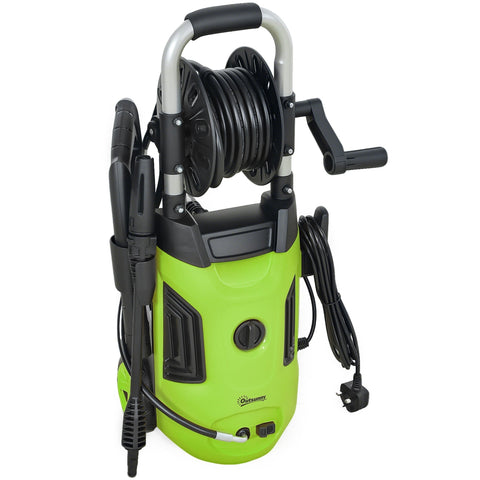 Outsunny green and black portable pressure washer with 150 bar pressure, spray gun, 6m hose, and steel handle for home use