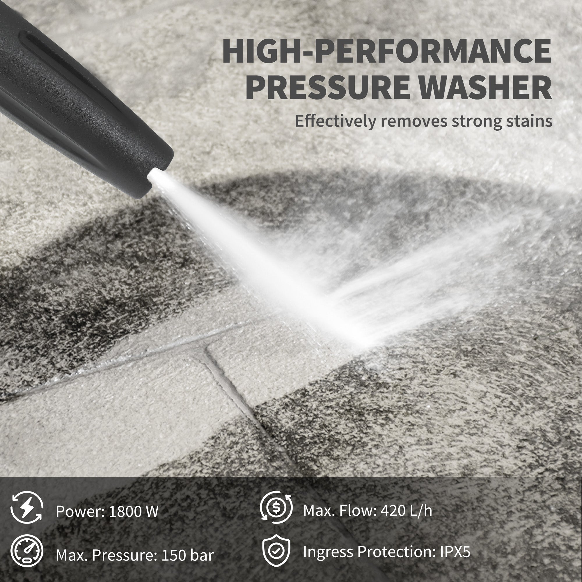 Black high-performance pressure washer nozzle spraying powerful water stream with 150 bar pressure and spray gun power cord