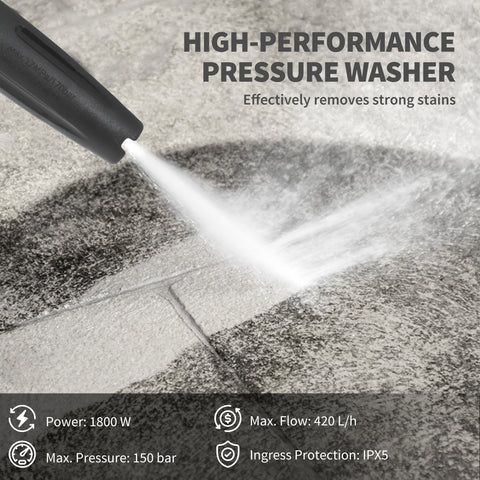 Black high-performance pressure washer nozzle spraying powerful water stream with 150 bar pressure and spray gun power cord