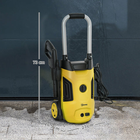 Yellow and black outsunny 1800w portable pressure washer with 150 bar pressure, steel handle, spray gun, and power cord