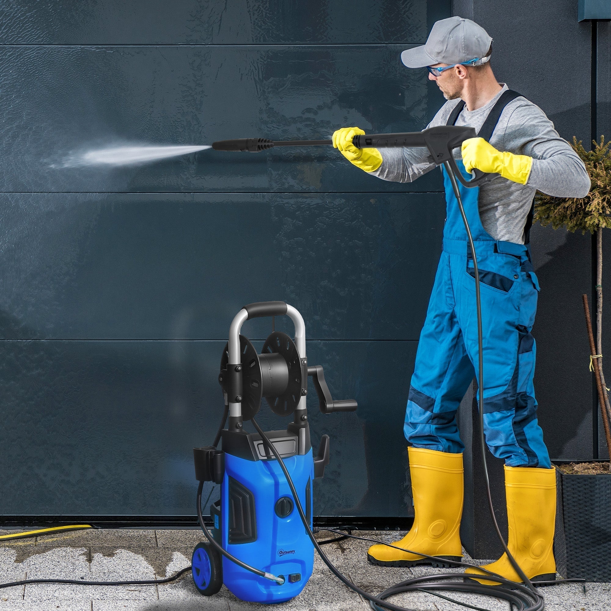 Blue outsunny portable power washer with 150 bar pressure, spray gun, power cord, steel handle, and 6m hose reel