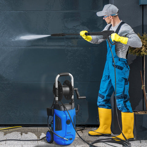Blue outsunny portable power washer with 150 bar pressure, spray gun, power cord, steel handle, and 6m hose reel