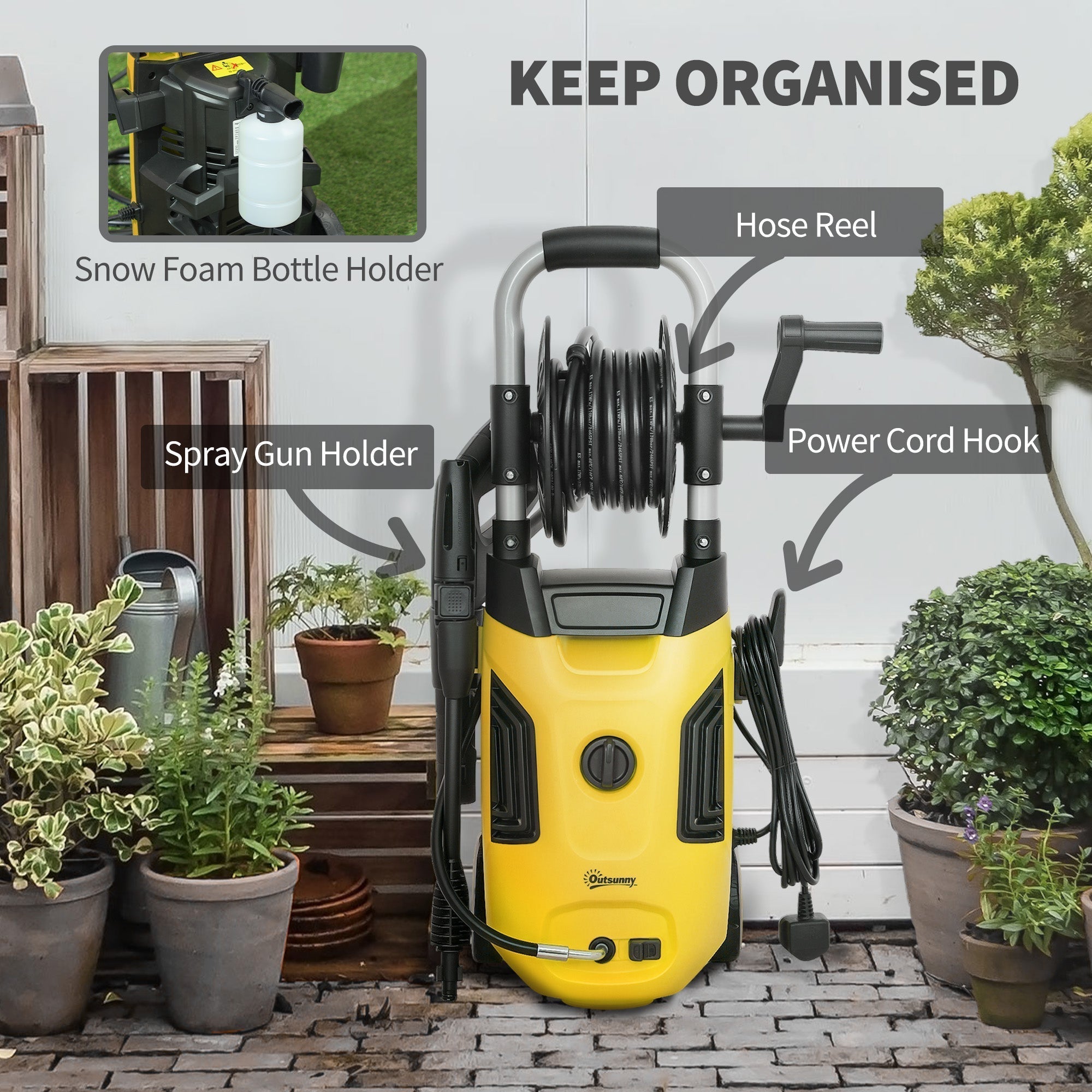 Yellow and black outsunny 1800w pressure washer with 150 bar pressure, hose reel, spray gun holder, and power cord hook