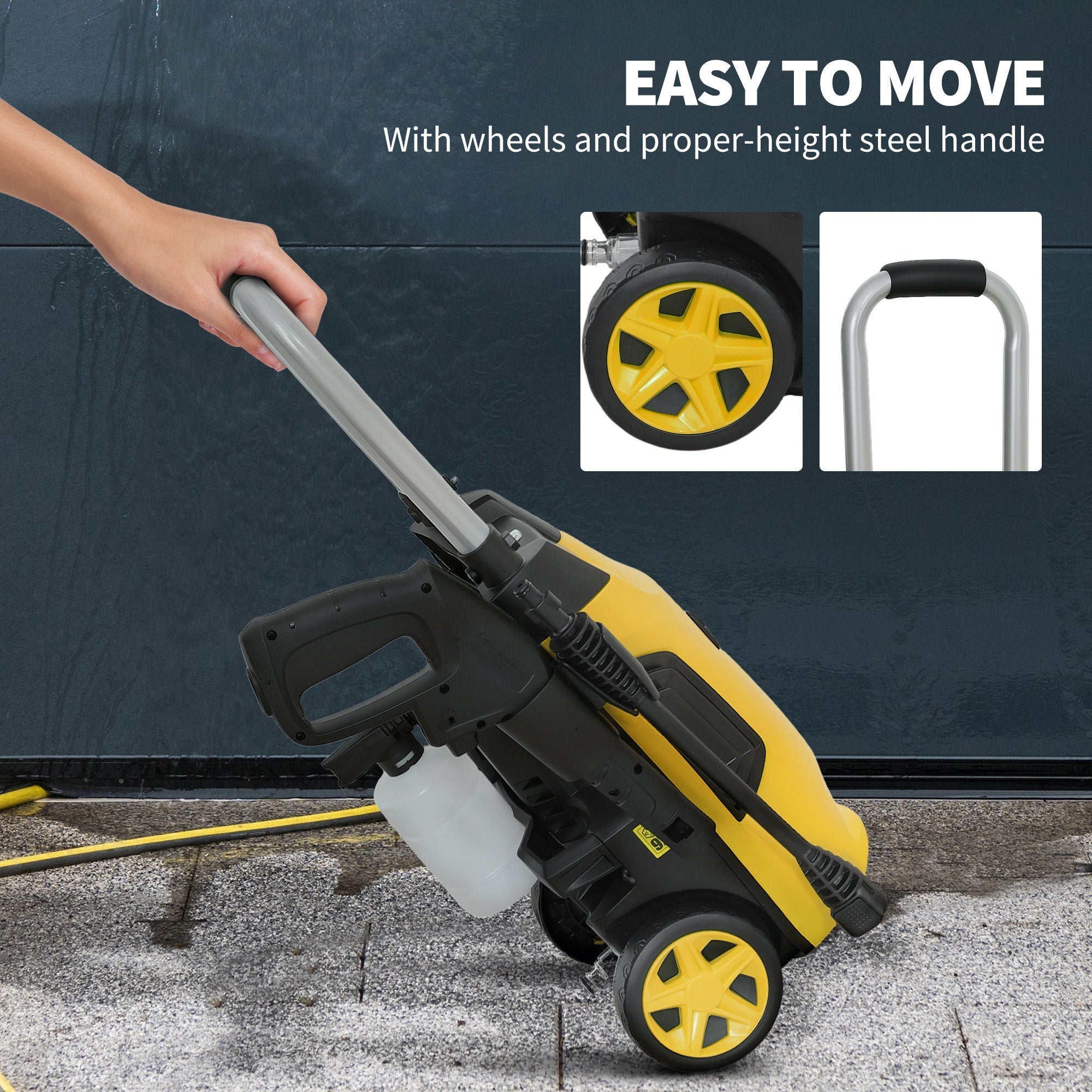 Outsunny yellow and black wheeled pressure washer with steel handle 150 bar pressure spray gun and power cord for patio cleaning