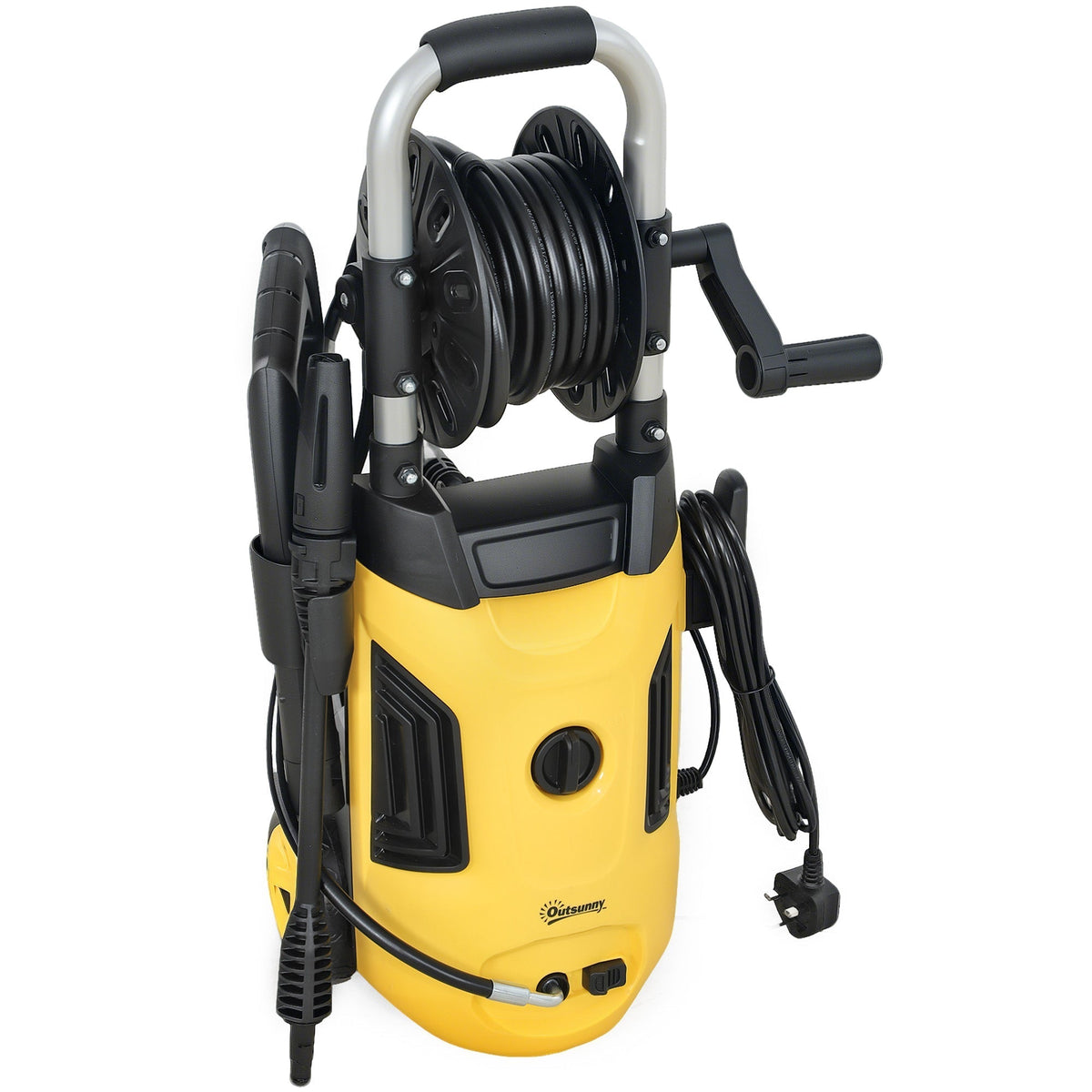 Yellow and black outsunny portable power washer with 150 bar pressure, spray gun, coiled hose, and steel handle for outdoor use