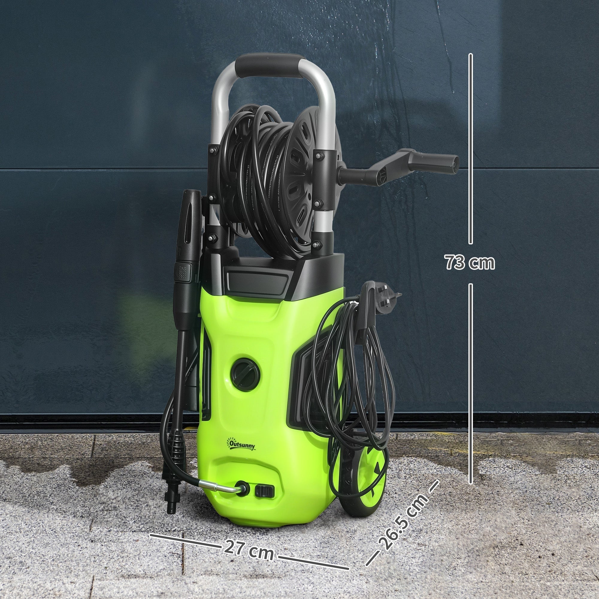 Out sunny 1800w green and black portable pressure washer with 150 bar pressure, steel handle, coiled hose, and spray gun