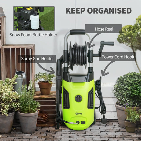 Bright lime green and black outsunny 1800w pressure washer with 150 bar pressure, spray gun holder, and power cord hook