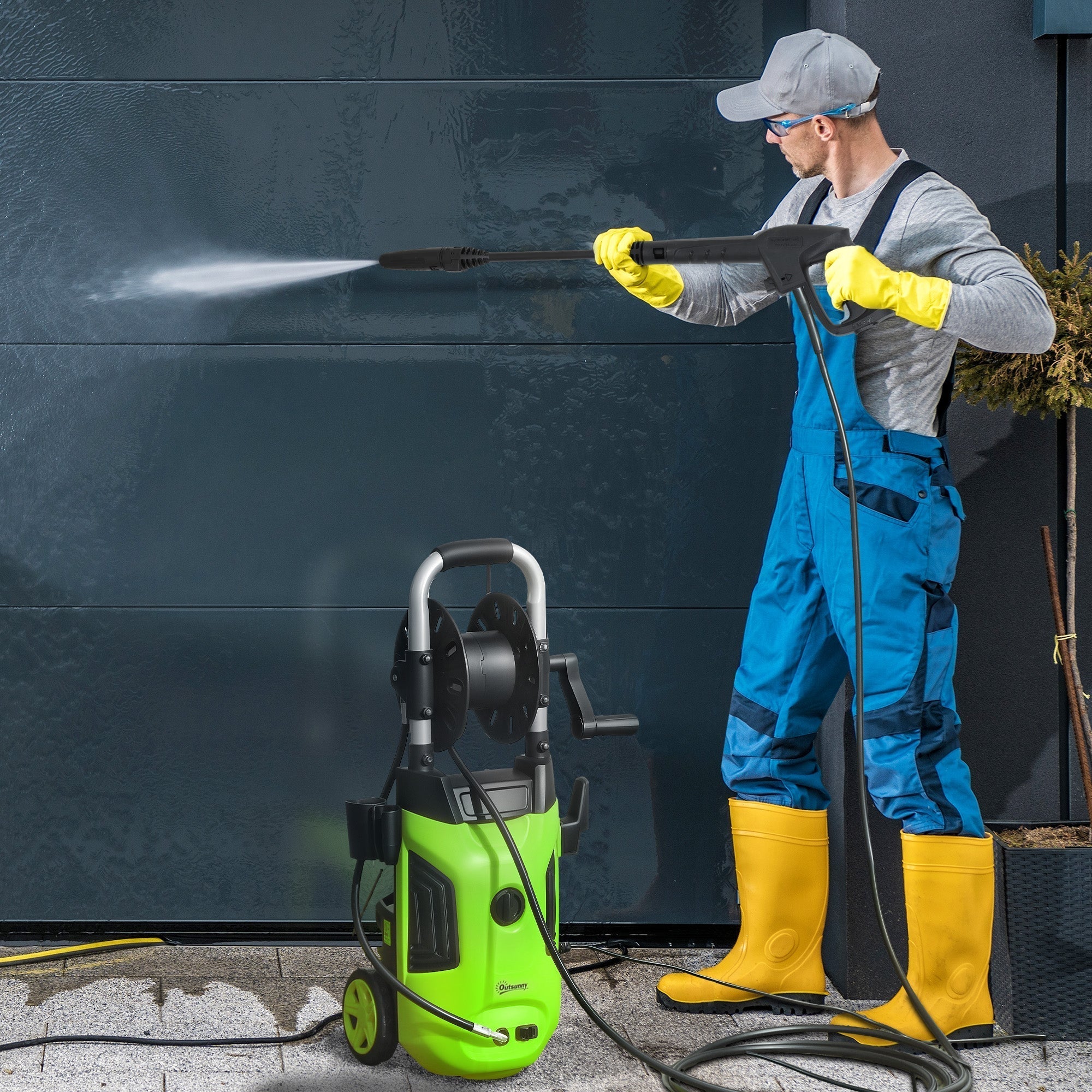 Bright green and black outsunny 1800w power washer with 150 bar pressure steel handle wheels spray gun and power cord