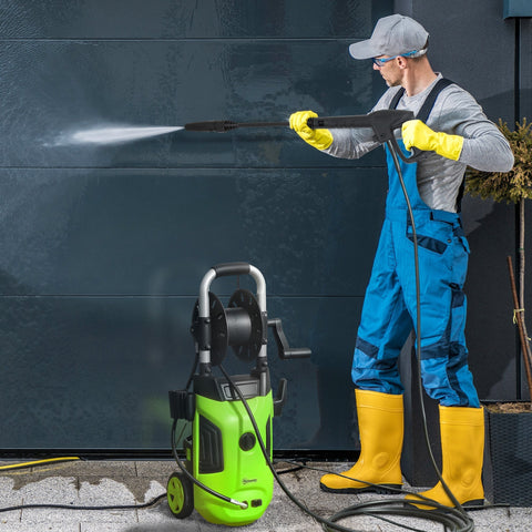 Bright green and black outsunny 1800w power washer with 150 bar pressure steel handle wheels spray gun and power cord