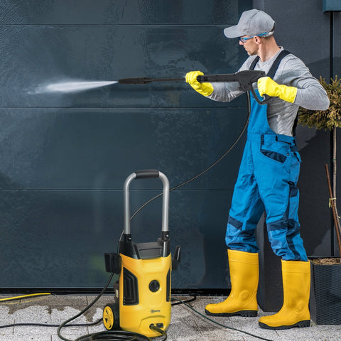 Yellow and black outsunny portable pressure washer with 150 bar pressure steel handle spray gun and power cord