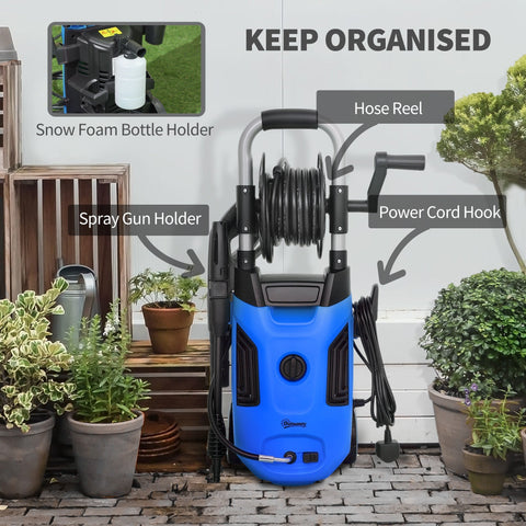 Blue and black outsunny 1800w high pressure washer with 150 bar pressure, spray gun holder, hose reel, and power cord hook