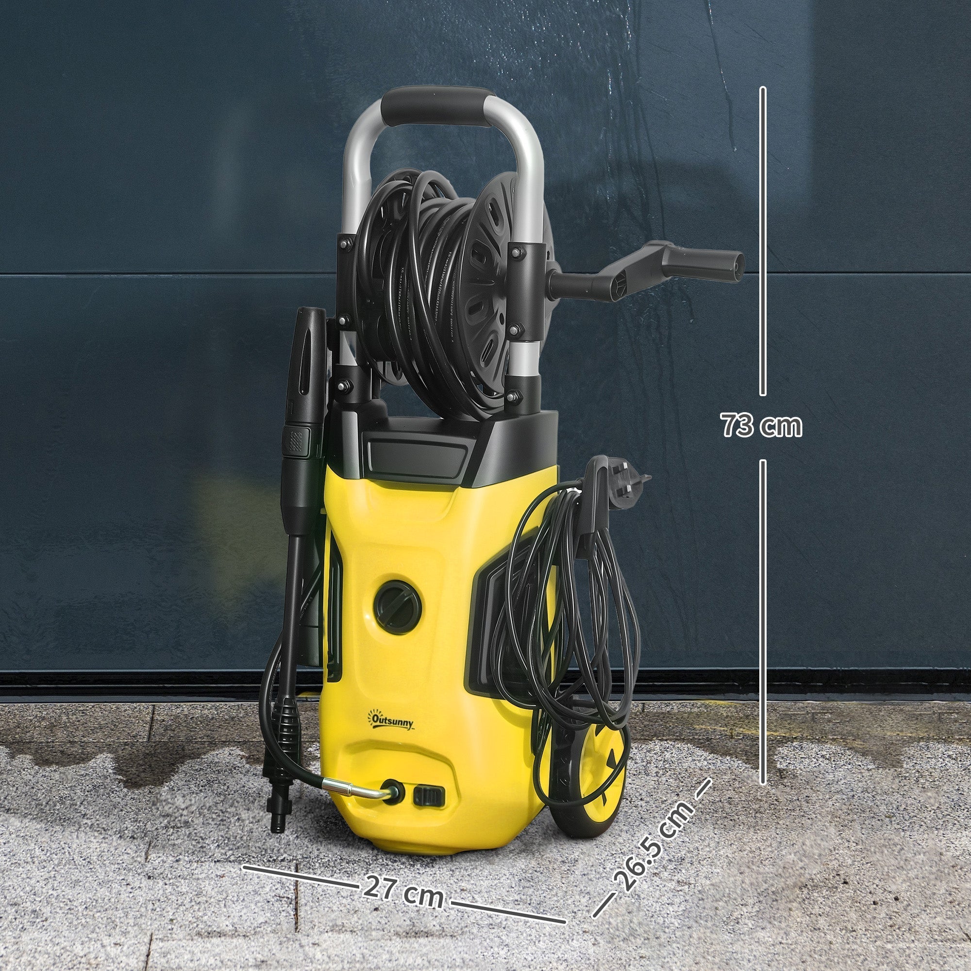 Outsunny yellow and black portable power washer with 150 bar pressure, steel handle, coiled hose, and spray gun for home use