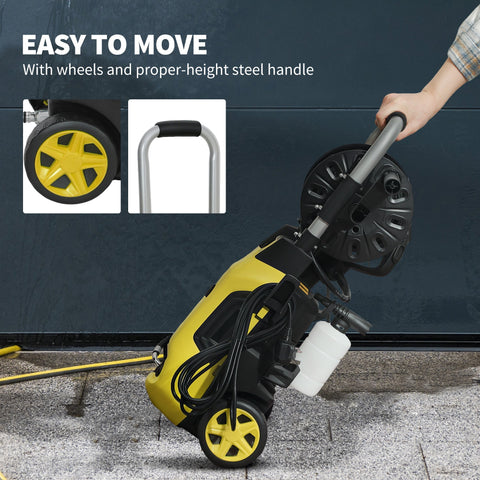 Outsunny yellow and black 1800w power washer with 150 bar pressure, steel handle, spray gun, and power cord on wheels