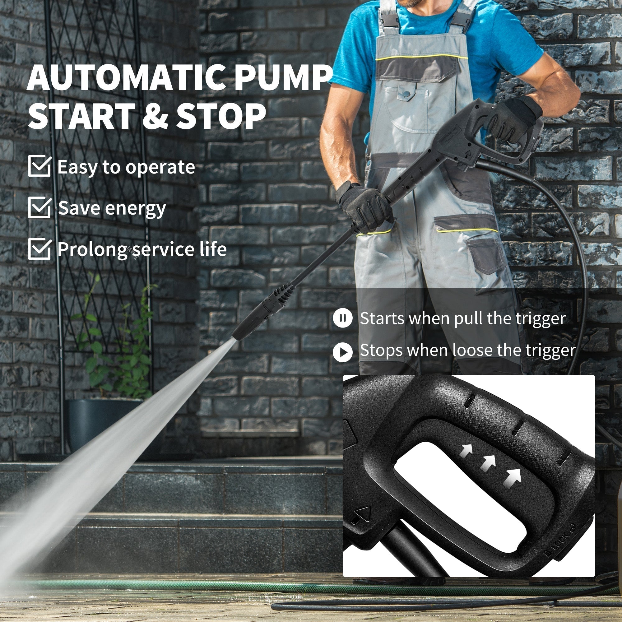 Black automatic pump start and stop spray gun with ergonomic grip for outsunny 1800w high pressure washer 150 bar pressure