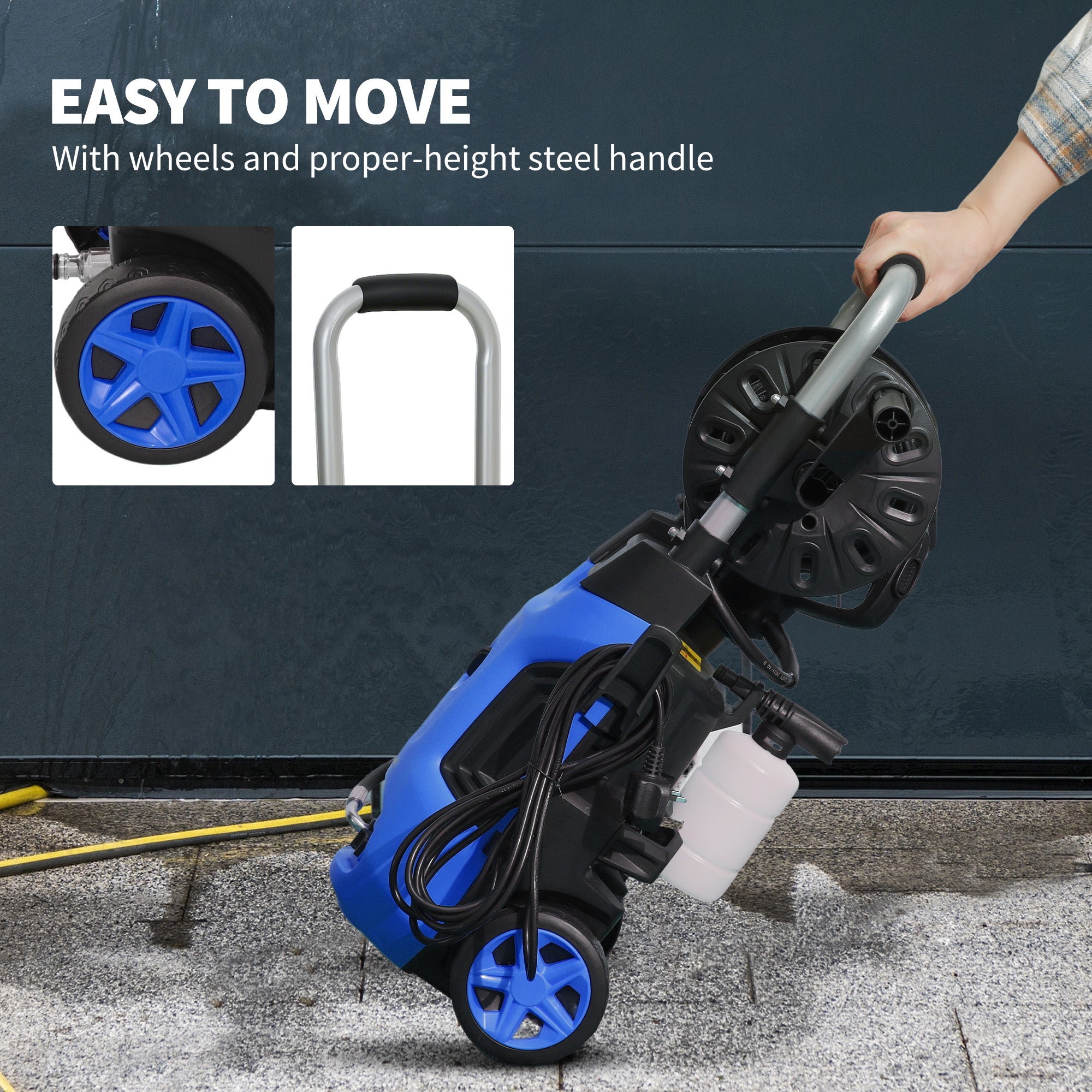 Outsunny blue and black portable pressure washer with steel handle 150 bar pressure spray gun and power cord