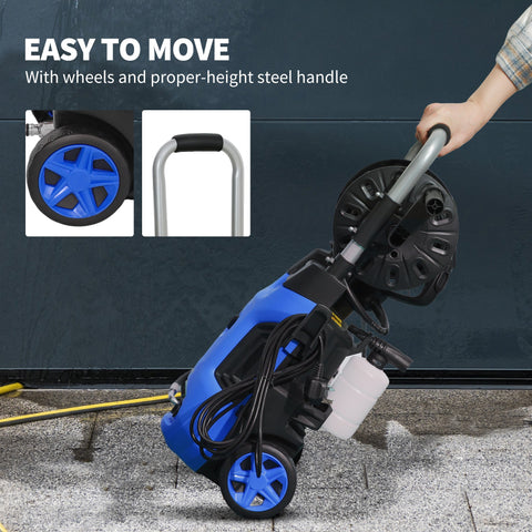 Outsunny blue and black portable pressure washer with steel handle 150 bar pressure spray gun and power cord
