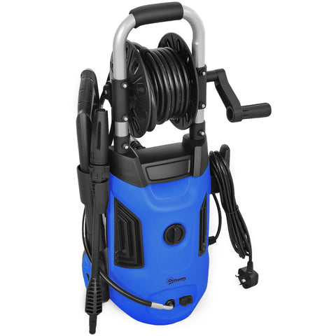 Blue and black outsunny portable power washer with 150 bar pressure, spray gun, power cord, and coiled hose reel