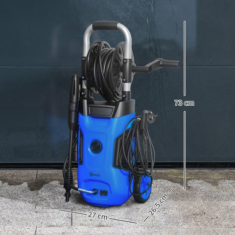 Blue and black outsunny portable power washer with 150 bar pressure, steel handle, coiled hose, spray gun, and wheels