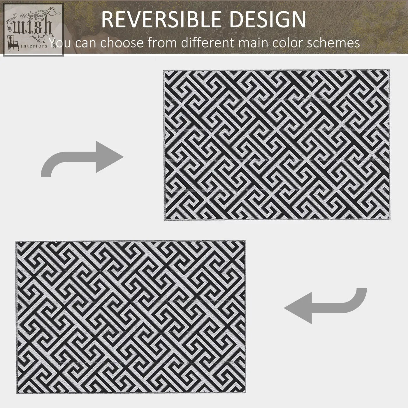 Reversible outdoor rug with black and white greek key pattern made of plastic straw for road tour picnic or deck use