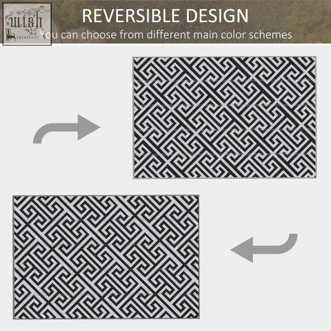Reversible outdoor rug with black and white greek key pattern made of plastic straw for road tour picnic or deck use