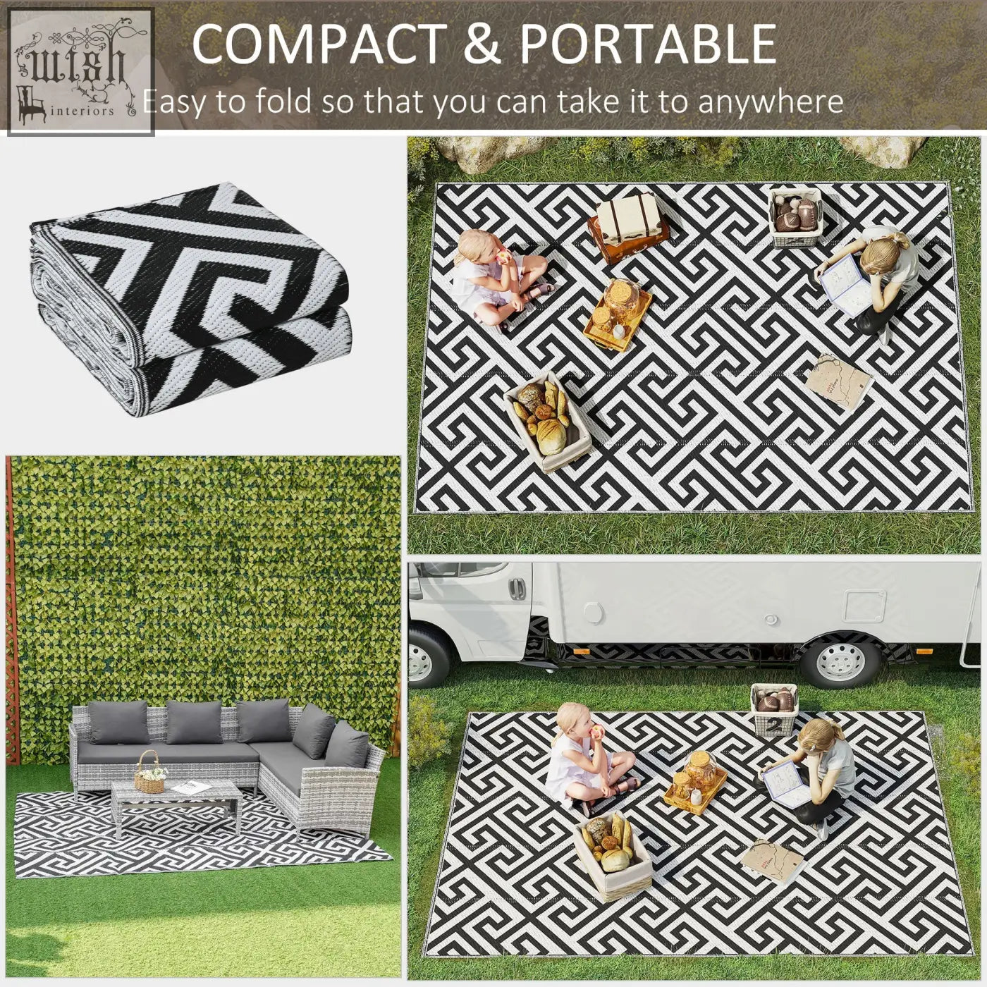 Outsunny black and white geometric outdoor rug made of plastic straw perfect for road tour picnic and camping use