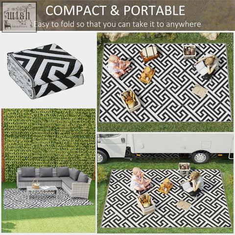 Outsunny black and white geometric outdoor rug made of plastic straw perfect for road tour picnic and camping use