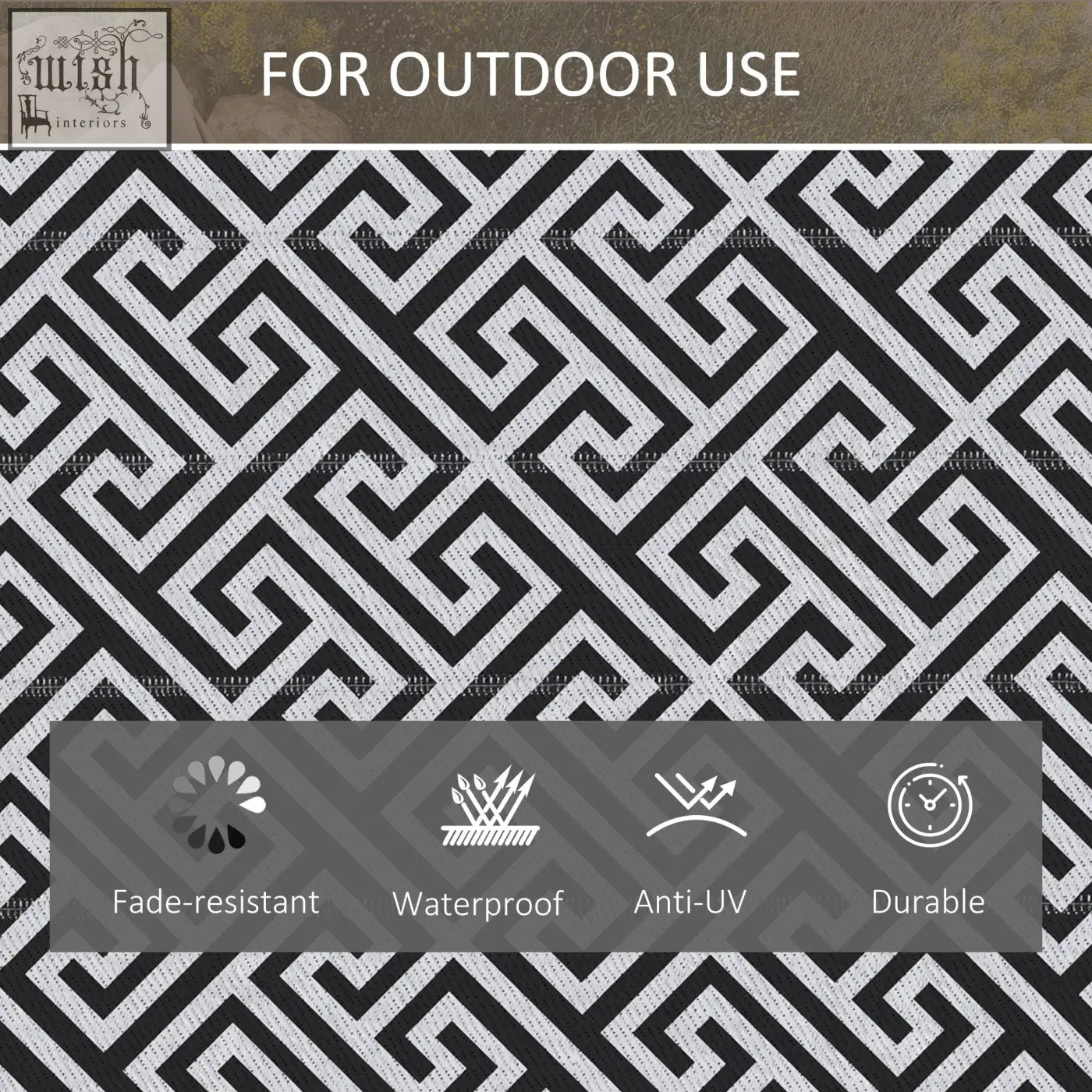 Black and white geometric outdoor rug made of plastic straw perfect for road tour camping picnic and garden use