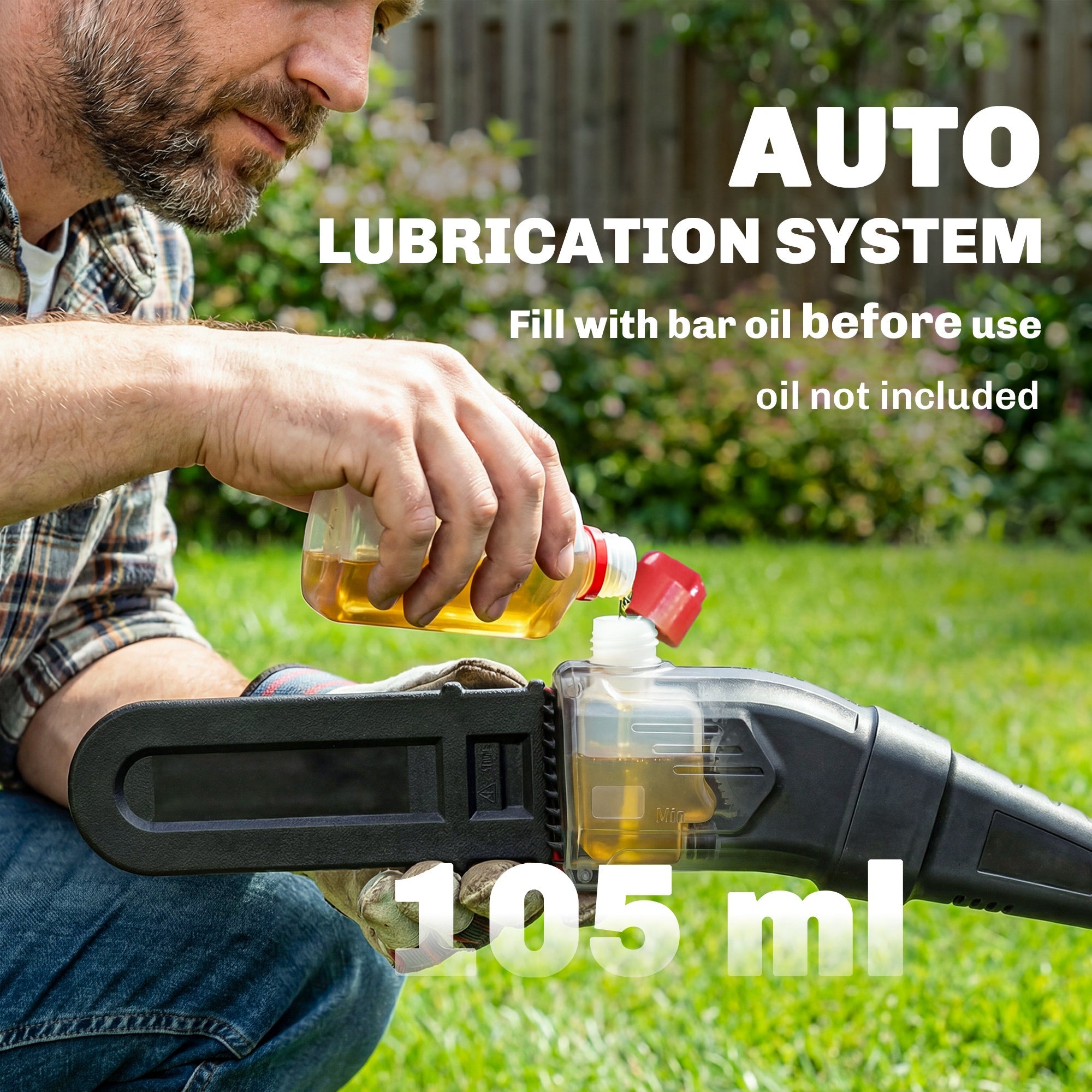 Black plastic auto lubrication system with transparent 105 ml reservoir for outsunny 18v cordless pole chainsaw shoulder strap