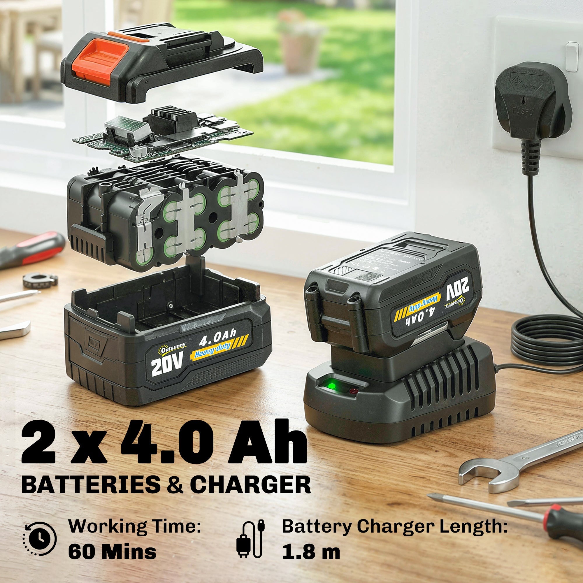 Black and orange 20v lithium-ion battery pack with 4.0ah capacity and charger for outsunny cordless pole chainsaw with shoulder strap