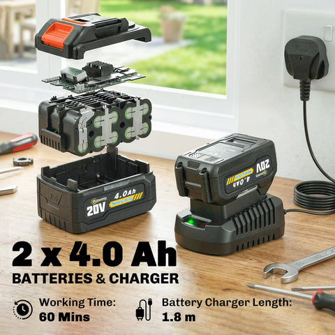Black and orange 20v lithium-ion battery pack with 4.0ah capacity and charger for outsunny cordless pole chainsaw with shoulder strap