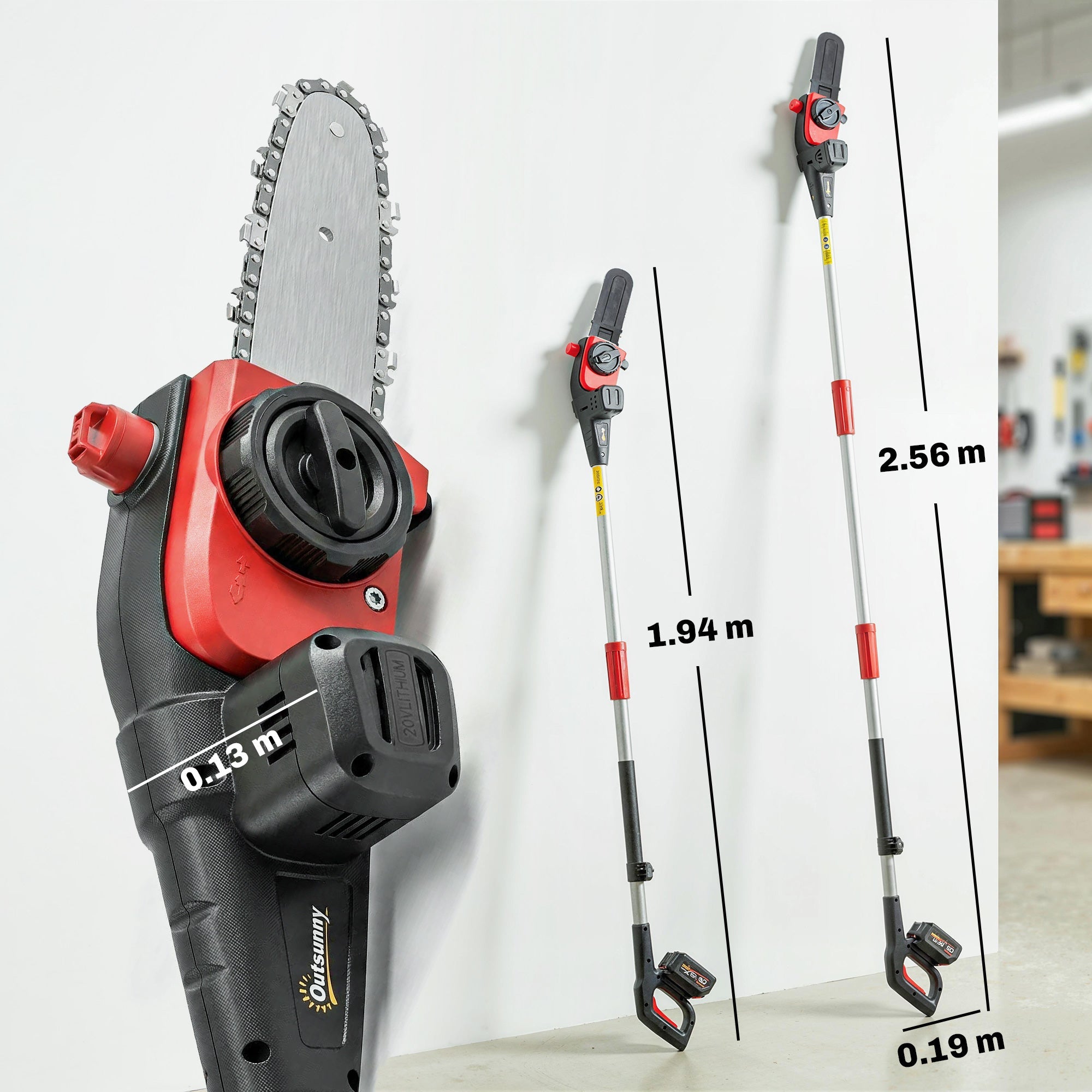 Outsunny 18v red and black cordless pole chainsaw with silver blade ergonomic grip adjustable handle and shoulder strap