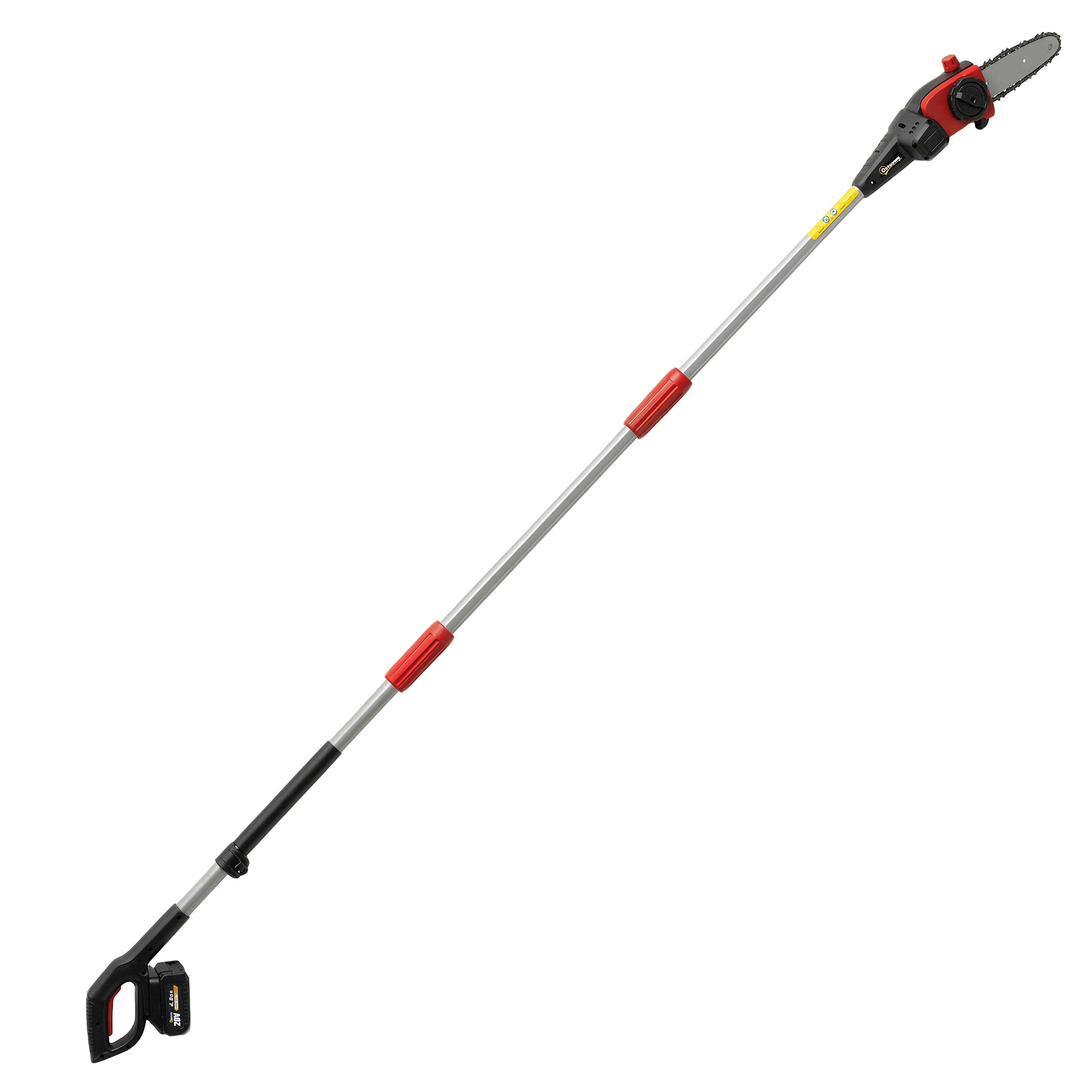 Red and black outsunny 18v cordless pole chainsaw with silver chain blade and adjustable shoulder strap for easy cutting
