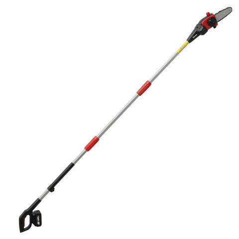 Red and black outsunny 18v cordless pole chainsaw with silver chain blade and adjustable shoulder strap for easy cutting