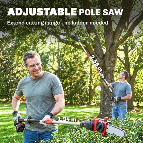 Outsunny 18v red and black cordless pole chainsaw with 2.56m extendable shaft and shoulder strap for high branches