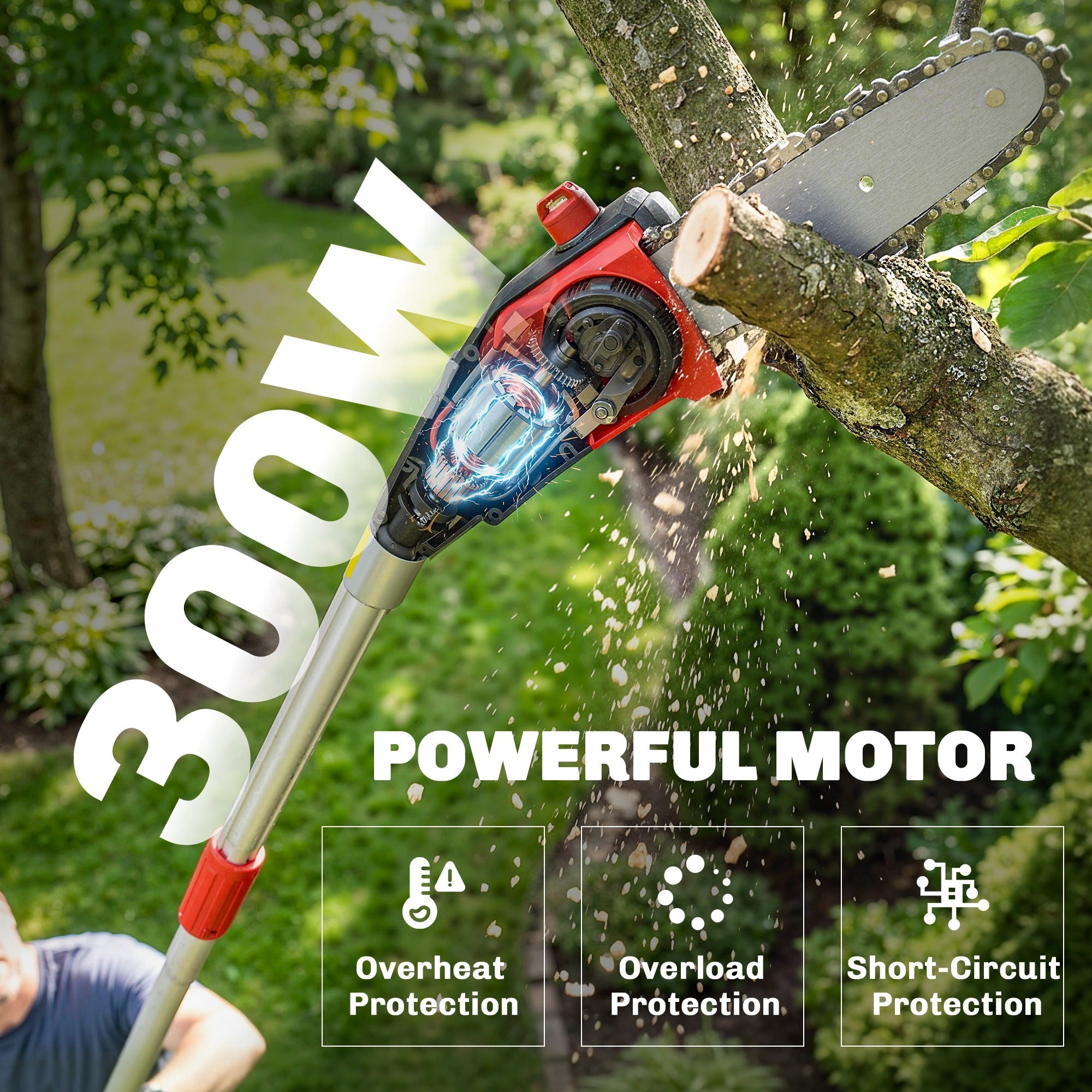 Red and black outsunny 18v cordless pole chainsaw with 300w motor and shoulder strap for easy tree pruning