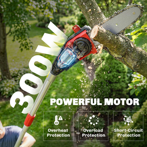 Red and black outsunny 18v cordless pole chainsaw with 300w motor and shoulder strap for easy tree pruning